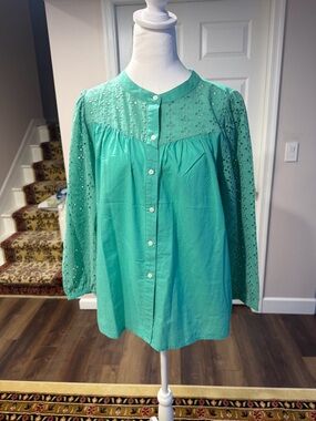 J. Crew Green Eyelet Button-Front Blouse
